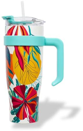 PRO DISTRI Gourde Isotherme XXL Tropical en Inox - Bleu | Avec Paille et Poignée Ergonomique - En Inox pour Conserver vos Boissons au Chaud ou au Frais
