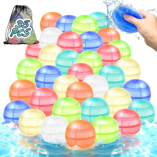 Reusable Water Balloons for Kids & Adults, 35 Pack Quick Fill Silicone Refillable Water Balloons, Self Sealing Water Bomb for for Kids Ages 3-12 Pool Summer Toys Beach Toys