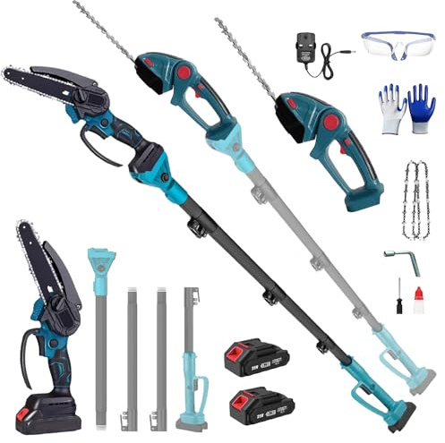 4-in-1 6 Zoll Mini Kettensäge & Akku Elektro Gartenschere,Bürstenloser Hochentaster mit 2 * 4000mAh Akkus,Kettensäge & Akku Heckenschere Teleskop Combo für Baumschnitt Holzbearbeitung