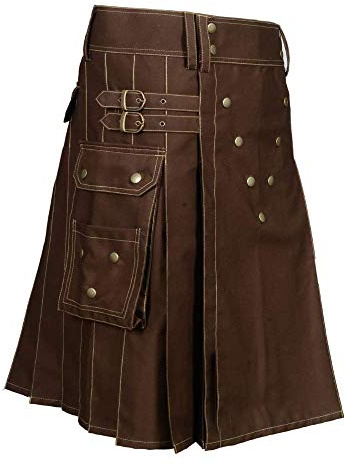 Scottish Designer Utility Kilts for Men Black Cotton Kilt Color & Size Options Available (Brown, Belly Button 34)