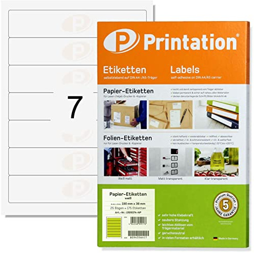 Printation Lot de 175 étiquettes autocollantes pour dos de classeur - 190 x 38 mm - Blanc - Imprimables sur 25 feuilles A4-1 x 7-7 étiquettes autocollantes imprimables par feuille A4-38 x 190 mm
