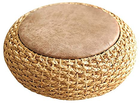 WEII Tabouret Ottoman À Pouf Tricoté Avec Coussin de Siège En Cuir Pu En Cuir de Yoga Méditation D'Intérieur Coussin de Paille Tissé À La Main,50Cm