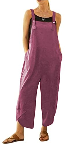 BRONG Womens Overalls Casual Loose Dungarees Soft Cotton Linen Womens Jumpsuit Baggy Playsuit Adjustable Straps with Pockets