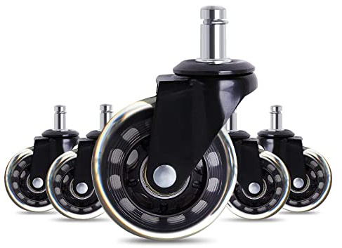 Bürostuhl-Räder 5er Set Hartboden-Rollen für Bürostuhl - 11mm x 22 mm Schwarz-Transparent sehr leise Bürostuhlrollen Keine Kratzer im Boden mit diesen Premium Rollen passend für 98% aller Bürostühle