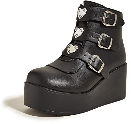 LUCKY STEP Stivaletti con Plateau per Donna - Punta Tonda Cerniera Zeppa Tacco Suola Spessa Fibbia (Nero, 9US-40EU-7UK)