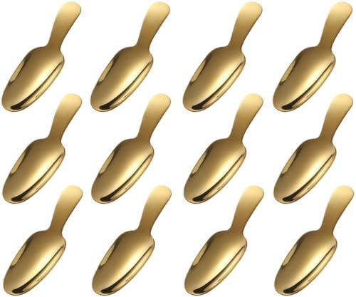Dessertlöffel, 12 Stück, Edelstahl, Salzlöffel, kurzer Griff, Kaffeeschaufel, Mini-Teelöffel für kleine Gläser, Zucker, Honig, Gewürze, Eis, Milchpulver (12 x Gold)