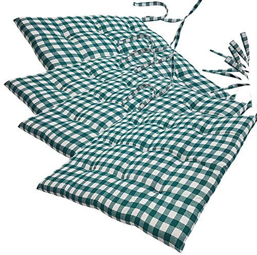 NYVI Stuhlkissen 40x40 cm ComfySeat Grün Weiß kariert 4er Set - Sitzkissen mit Bändern/Schleife, 9-fache Steppung - Indoor & Outdoor - Gartenstuhlkissen aus Baumwoll-Mischgewebe - ÖkoTex 100
