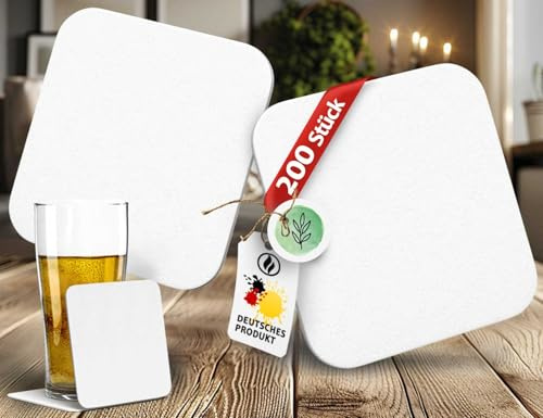 200x Bierdeckel blanko eckig 93x93mm – stabile Untersetzer aus weißer Pappe, unbedruckt, DIY zum Gestalten & Bedrucken, Getränkeuntersetzer für Bar, Hochzeit, Gastro, Events – Funke & Brand