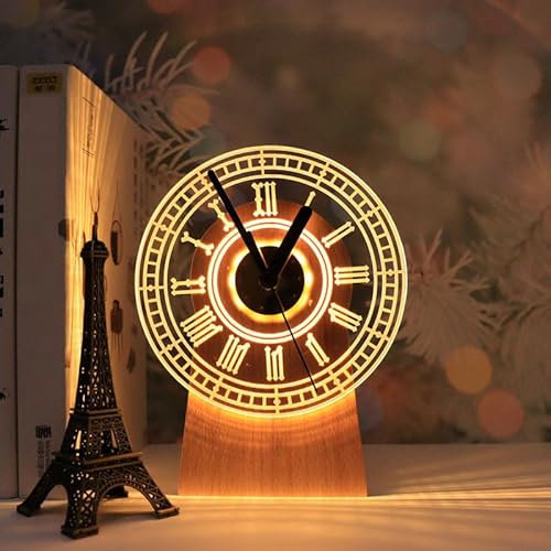 Orologio da Tavolo Romano Design Artigianale in legno massello Silenzioso Luce LED ricaricabile e regolabile oggetto d'arredo decorativo per casa ufficio idea regalo table clock movimento automatico