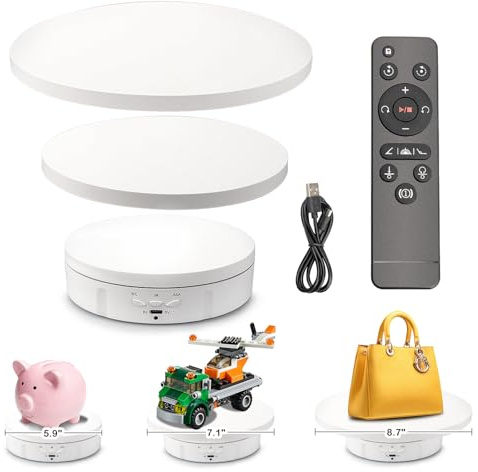 Leadleds 3 in 1 Motorized Display Turntable DC5V 360 Degree Rotating Display Stand with Remote Control for Photography and Video Shows (White)