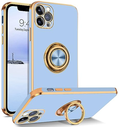 BENTOBEN iPhone 13 Pro Case with 360° Ring Holder Kickstand Magnetic Car Mount Supported Protective Light Blue/Gold Case for iPhone 13 Pro 6.1