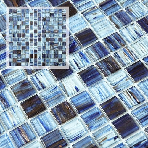 CASAPALACE 8 Blatt Glas Peel and Stick Backsplash, 30,5 x 30,5 cm, gemischte blaue kleine Glasfliese für Wand, Küche und Bad