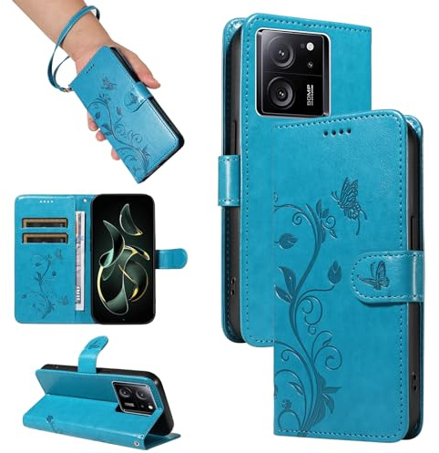 SRISHP Hülle für Xiaomi 13T Pro / 13T Handyhülle, Blau | Premium PU Leder, Handyhülle Mit Band, Magnet Flip Case, Kartenfächer, Ständer Klappbar Tasche, Standfunktion Schutzhülle