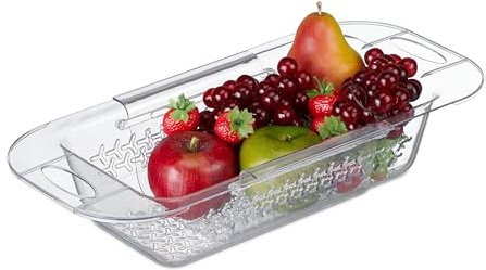 Relaxdays Spülbecken Sieb, ausziehbar von 43,5–57 cm, zum Einhängen, Abtropfsieb für Spüle, Kunststoff, transparent