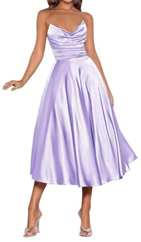 Brautjungfernkleider für Damen, mit Taschen, A-Linie, Satin, Schnürung hinten, Hochzeitsgäste, Abendkleid, Flieder, Größe 52