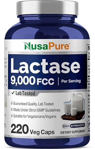 NusaPure Lactase Enzyme 9000 FCC, Lactase Unit, Suitable for Vegetarians/Vegan, Non-GMO, 220 Veg Capsules