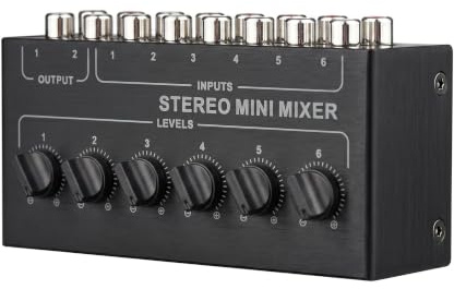 Sunydog Mini-Audio-Mixer, Stereo, Audio-Schnittstelle, passiver 6-Kanal-Stereo-RCA-Verteiler mit 6 Eingängen und 2 Ausgängen, separate Lautstärkeregler für DJ/Karaoke
