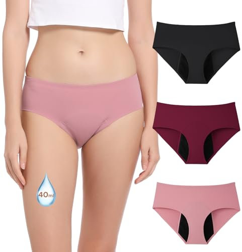 OEIOEI Periodenunterschwäsche Starke Blutung Perioden Unterhosen Auslaufsicher Menstruation Slip 3 Pack (M, Schwarz/Rosa/Weinrot)