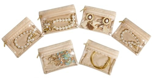 WATANIYA HOME 6 Pcs Travel Jewelry Organizer, Velvet Mini Pouch with Clear Zipper Pocket, Lightweight Jewelry Storage Organizer for Rings Earrings Necklaces, Travling Gift for Women Girls (Beige)