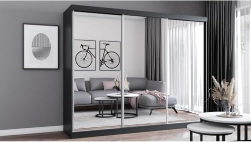 Fabryka Mebli Idźczak Kleiderschrank mit Spiegel - Schwebetürenschrank - Schlafzimmerschrank - 64 x 250 x 215 cm - Wohnzimmerschrank - Garderobenschrank, Schrank mit DREI Türen, modern - Imoebel24
