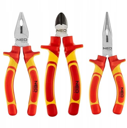 NEO TOOLS 3 tlg. Zangen-Set für Elektriker 1000 V, Kombinationszange 160mm | Seitenschneider 160mm, Spitzzange 160mm, CrV-Stahl, Isolierte Zangen, Komplett VDE Zangenset