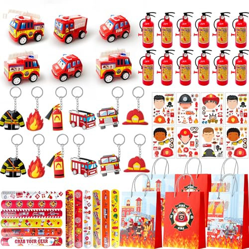 Kaxulvoblig Feuerwehrmann Party Mitgebsel,72 Pcs Feuerwehr Mitgebsel Set - Feuerwehr Schnapparmband Geschenktüten Aufkleber Spielzeug etc Feuerwehrauto Party Mitgebsel für Feuerwehr Deko geburtstag