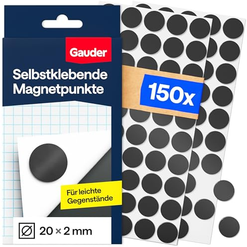 GAUDER Puntos Magnéticos - Imanes Adhesivos Redondos para Manualidades, Nevera, Oficina y Escuela - Parches Autoadhesivos para Notas, Fotos y Objetos Ligeros (150 Unidades - 20 x 2 mm)