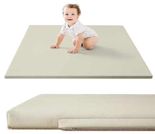 Hakuna Matte Stylische Spielmatte für Baby aus veganem Leder 120x120x2,5cm, Creme – Krabbelmatte für Baby mit Memory-Schaum und rutschfester Unterseite – pflegeleichte, schadstofffreie