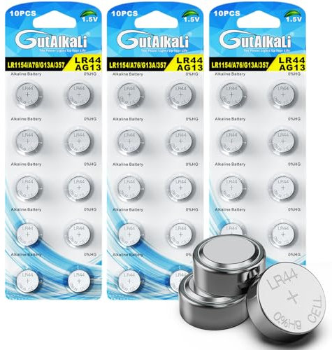 GutAlkaLi AG13 LR44 1.5V Alkaline Button Cell Batteries Mercury Free (357/357A/L11154/A76/GPA76), LR44(AG13)-30 Pack