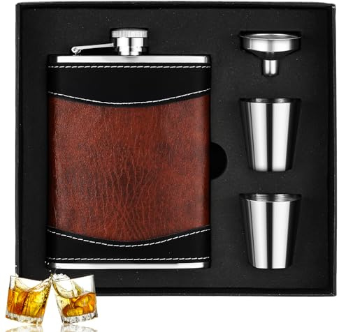 Rtteri Hip Flask Gift Set, 8 oz Hip Flask with 2 Cups and Funnel, Whiskey Bottle for Men, 18/8 Stainless Steel Liquor Container, Leak Proof Bottle, Portable Alcohol Container for Men Gift Box