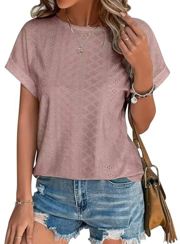 Kfnire Magliette Donna Manica Corta Maglietta con Ricamo ad Occhiello Girocollo Camicia Donna Estiva Tee Maglietta Casual T-Shirt Blusa Elegante Traspirante Tinta Unita Tunic Tops di Base