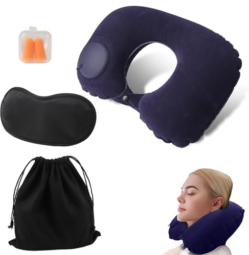 WUERKIYA Cuscino da Viaggio Memory Foam, Cuscino per Collo ergonomico, Supporto 360°, comprimibile, con Copertura in Velluto, Set Completo con Tappi per Le Orecchie e Mascherina Occhi - Adatto per ad