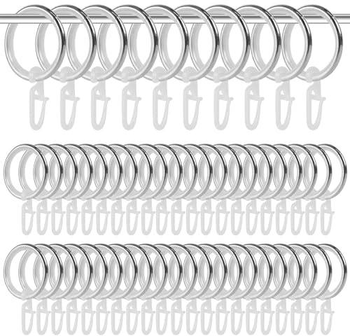 Dzmuero Gardinringar, 50 stycken gardinringar i metall med krokar och tyst ring, 27 mm innerdiameter, gardinkrokar för de flesta gardinstänger (silver)