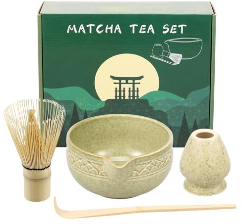 Fyeme Juego de 4 escobas de té Macha de 560 ml, con espumador, cucharadita de té, soporte para mezcla, juego de té matcha, regalo para los amantes del matcha (verde oscuro)