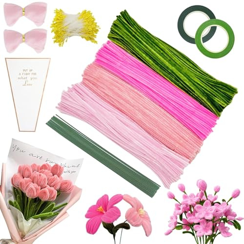 400 Stück Pfeifenreiniger Blumen Set,Pfeifenreiniger Blumenstrauß,Bouquet Pfeifenreiniger Set,Pfeifenputzer zum Basteln,Pfeifenputzer,Pipe Cleaner mit Blumendraht, Schleifenband, Blumen Staubblatt