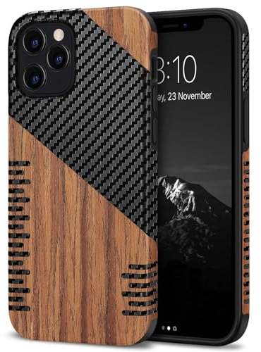 TENDLIN Coque Compatible avec iPhone 12/12 Pro Etui Hybride en Bois et Carbone et Cuir Compatible avec iPhone 12/12 Pro (Twill)