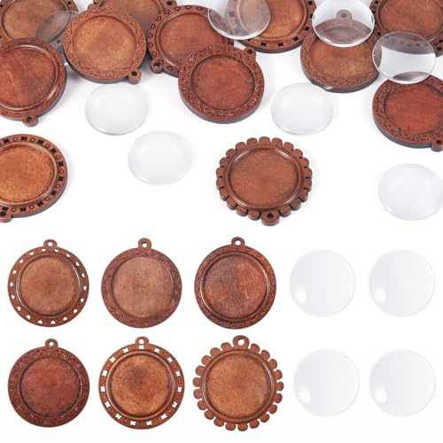 pandahall 12 Sets leere Lünette Anhänger Tabletts Holzanhänger Cabochon Einstellungen mit Glaskuppel Cabochons für Schmuckherstellung Cameo Foto Scrapbooking Peru