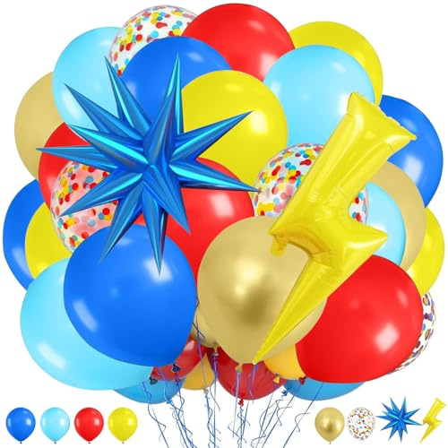 37 Stück Luftballons Geburtstag, Blau Rot Gelbe Goldene Latex Ballons, Konfetti Luftballons, Stern Folienballon, Blitz Ballon, Helium Ballon Party Ballons für Baby Shower Geburtstag Party Dekoration