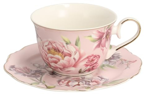 home&you - Kaffeetasse Aureliso 240ml, mit Untertasse, Teetasse, Kaffeebecher, Porzellan, Blumenmuster, für Kaffee, Tee, Cappuccino, Espresso, Latte Macchiato, Geschirr, Geschenkidee - Rosa