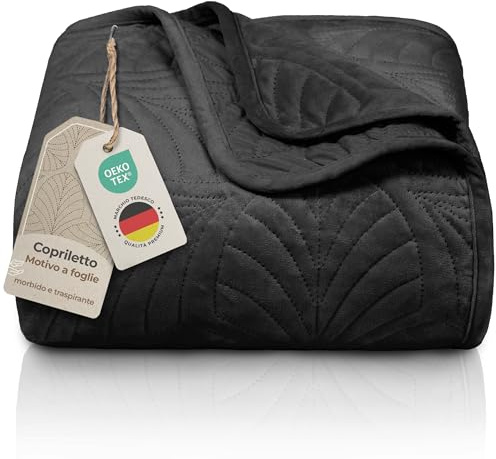 Gräfenstayn Colcha bouti 220x240 cm – cubrecama Acolchado sin Costuras con diseño de Hojas – Manta Decorativa Moderna para Cama o sofá – antirrugas y fácil de cuidar (Negro)