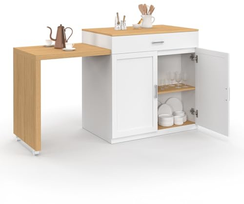 IDMarket - Isola centrale VITO 94-155 cm in legno bianco con tavolo da pranzo integrato allungabile in finitura faggio