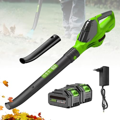 21 V Akku-Laubbläser, kabellos, mit Akku und Ladegerät, 60 m/s, 18.000 U/min, 5 Geschwindigkeiten/tragbar, für Garten, Hof, Blatt, Schnee (2 Batterien)