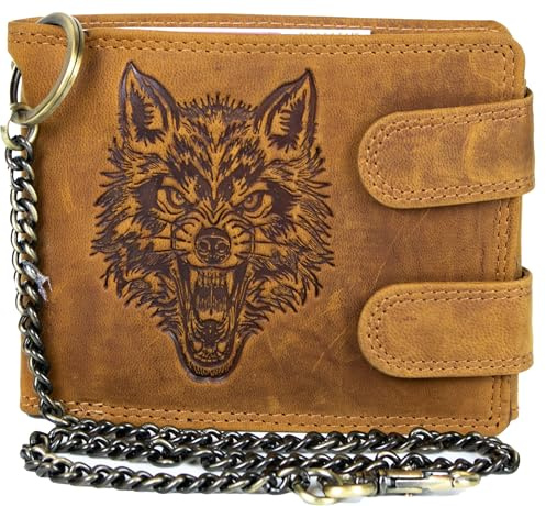 Portefeuille Biker Homme en Cuir Véritable Vintage avec Chaîne – Style Motard Rétro, Crâne ou Loup en Relief, Protection RFID, Portefeuille Cuir Marron Noir Cognac