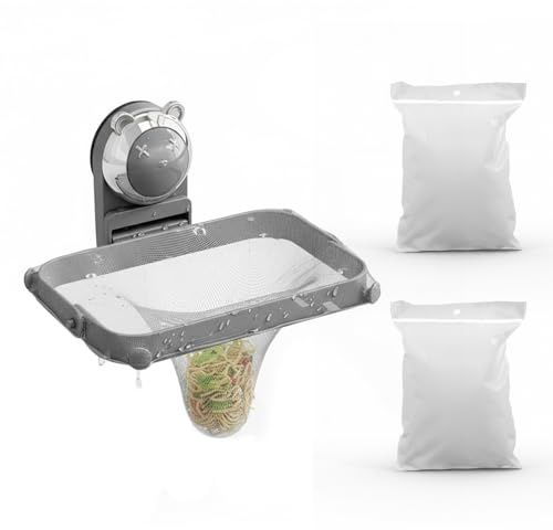 Colador Fregadero de Cocina, 2 en 1 Filtro para Sobras de Cocina con Ventosa y 100 Bolsas de Malla, Plegable Filtro de Drenaje, Escurridor para Fregadero para Evitar Atascos (Gris)