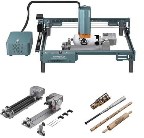 ATOMSTACK A40 PRO V2 Laser Graviermaschine, 48 W/24 W Dual Power Laser-Ausgangsleistung, Laserschneider mit F60 Air Assist und R8 Pro Drehspannfutter & Drehrolle, für Holz Metall Leder Acryl