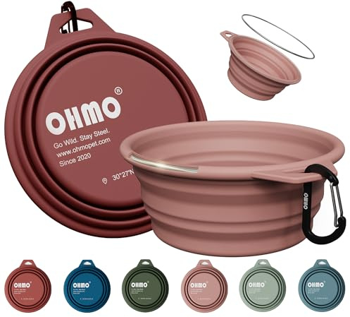 OHMO Hundskål vikbar med rostfri ring, 2 stycken 800 ml premium silikonskål för hundar och katter, robusta reseskålar för utomhus, camping, vandring