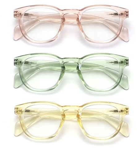 OPULIZE AWE – Lot de 3 lunettes de lecture rondes anti-lumière bleue pour homme et femme – Protection UV – Rose, vert, jaune, transparent + 2.00
