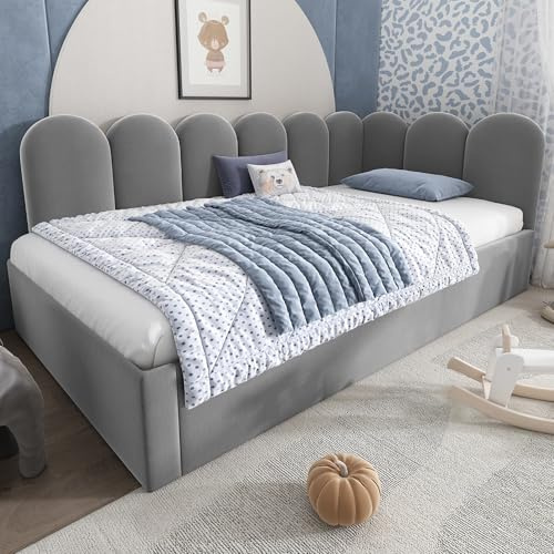 Miyemo Day Bed with Pull Out Trundle, 3ft Upholstered Single Sofa Bed for Adults & Children, Metal Slatted Frame, Velvet, 90x190cm, Grey, (No Mattress)