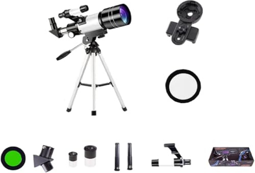 Refrakterande teleskop med justerbart stativ, 150 x förstoring, smartphone-adapter, månfilter, vit, för astronomi och stjärnskådning