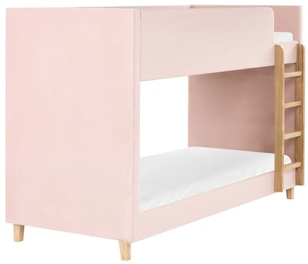 Beliani Letto a castello 3 piedi per bambini alto in velluto e scaletta in in legno di pioppo Rosa pastello 90x200 cm